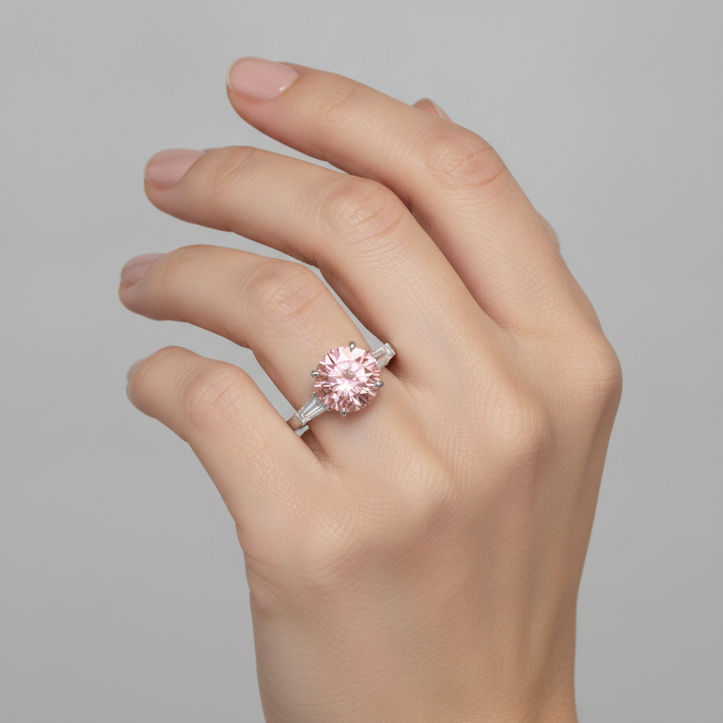 Dreistein-Ring aus Platin mit echtem runden Padparadscha-Saphir 3,1 Karat und weissen Baguettes