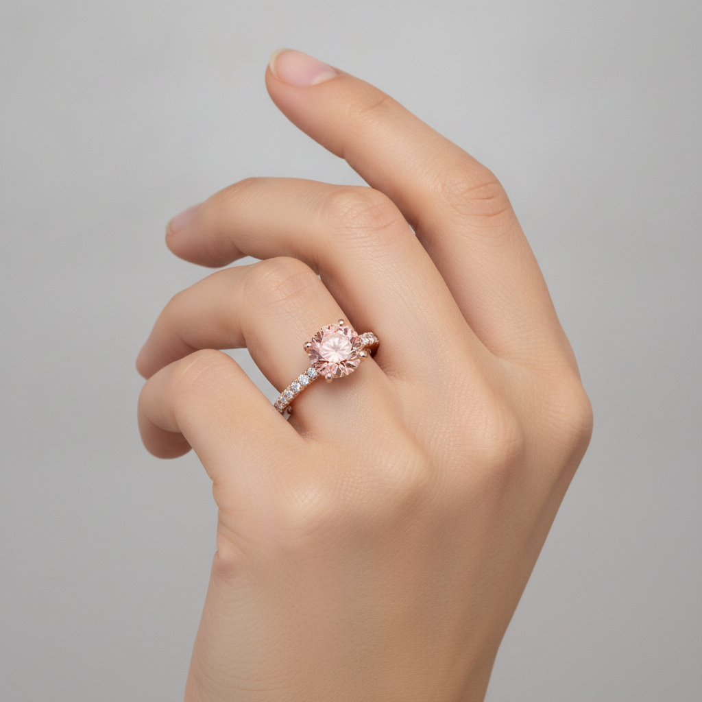 Padparadscha Verlobungsring 1,8 Karat Echter Runder Saphir Pavé 14 Karat Roségold