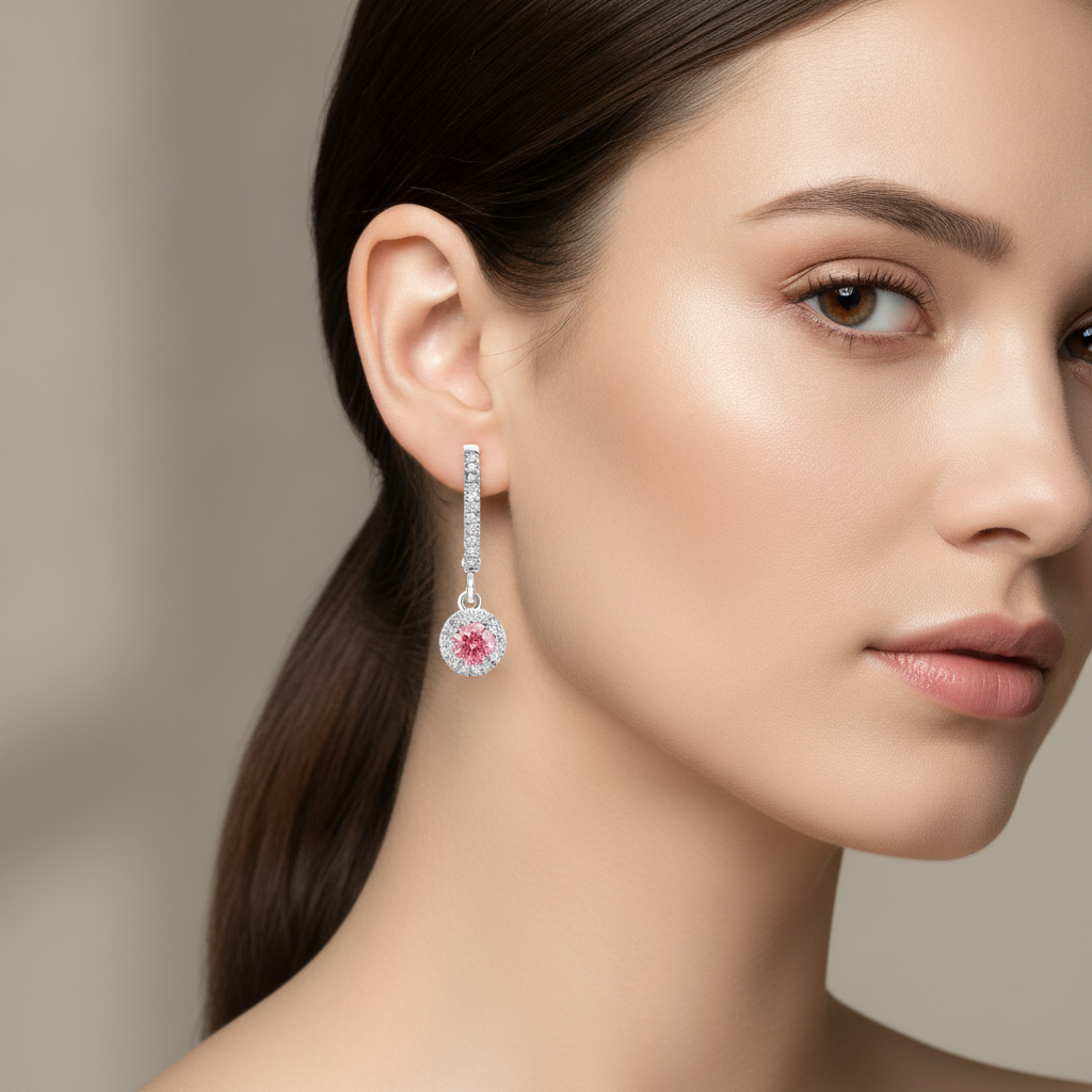 Rosa Diamant-Ohrringe 1,5 Karat im Labor gezüchtet Rund Halo Pavé Klappbrisur 14 Karat Weißgold