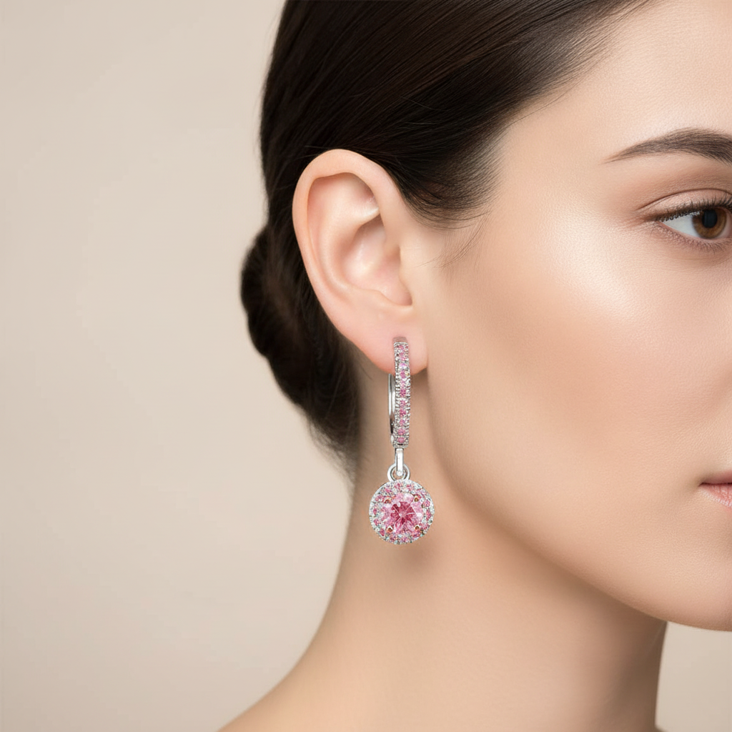 Halo-Ohrringe mit rosa Diamant, 1,5 Karat, im Labor gezüchtet, rund, Pavé, Klappbrisur, 14 Karat Weißgold