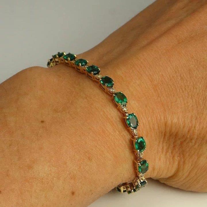 12 Karat Grün Smaragd Edelstein Diamant Tennisarmband Gelbgold 14K