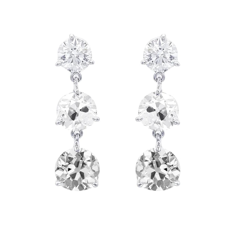 Weißgold 3-Steine-Echte Diamant-Tropfen-Ohrringe Runder Alter Minenschliff 6 Karat