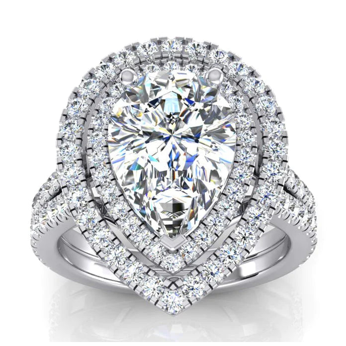 Doppelter Halo-Birnen Echte Diamant Verlobungsring Set Gold 14K