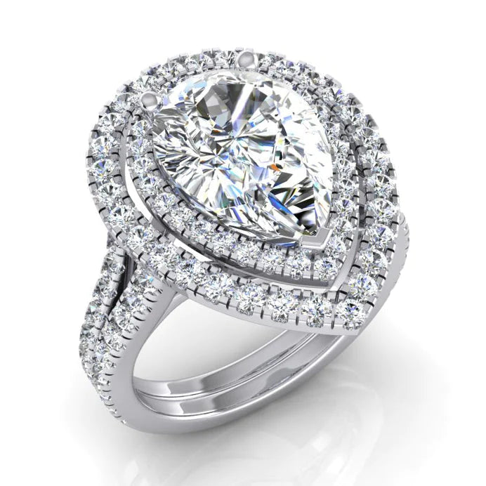 Doppelter Halo-Birnen Echte Diamant Verlobungsring Set Gold 14K 6 Karat