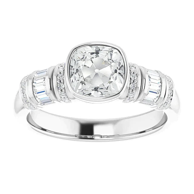 Verlobungsring Baguette & Kissen Altschliff Diamant Lünette Set 4.50 Karat