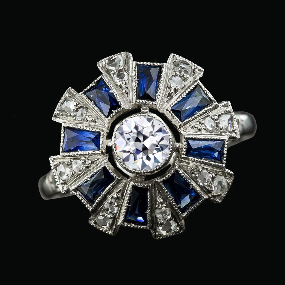 Alter Bergmann Runder Echt Diamant Baguette Blauer Saphir Halo Ring 3,75 Karat