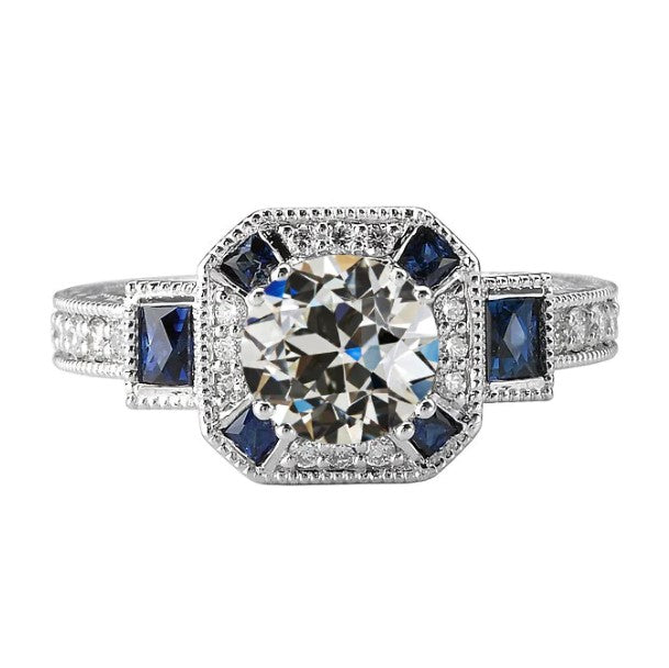 Art-Deco-Schmuck New Halo Old Miner Echt Diamant-Trapez-Saphir-Ring