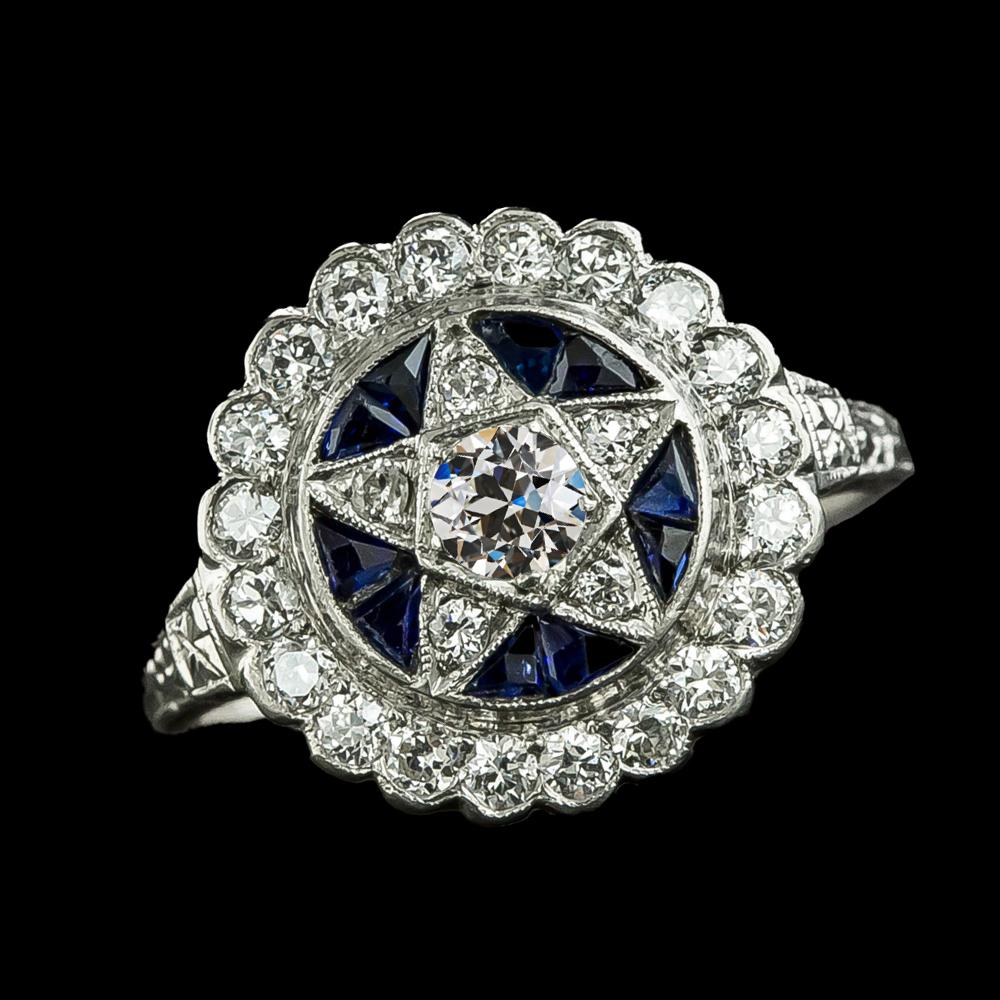 Blauer Saphir Old Cut Runder Echt Diamantring Flower Star Style 3 Karat