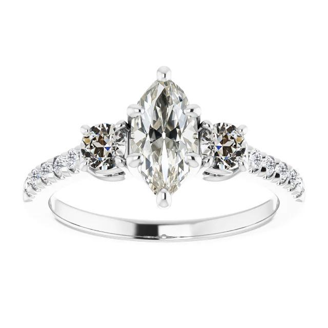 Damenring Rund & Marquise Old Cut Echt Diamant 3 Stone Style 5 Karat