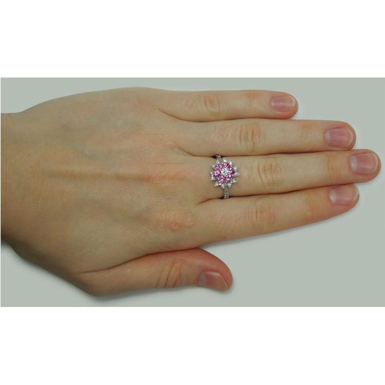 Diamanten & rosa Saphire 1.15 ct. Ring im Blumenstil Weißgold 14K