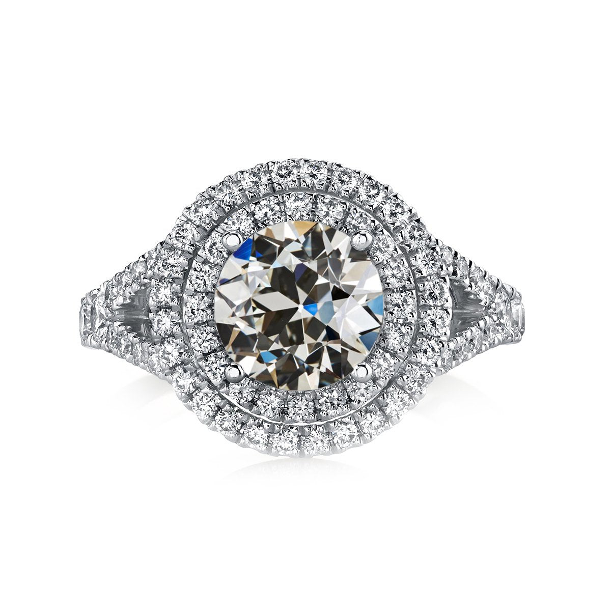 Doppelter Halo-Ring, Rund, Alter Bergmann, Naturlich Diamant, Geteilter Schaft, 7 Karat - harrychadent.ch