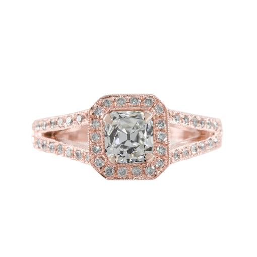 Halo-Kissen Aus Roségold Mit Altem Miner-Echt Diamantring 2 Karat Geteilter Schaft