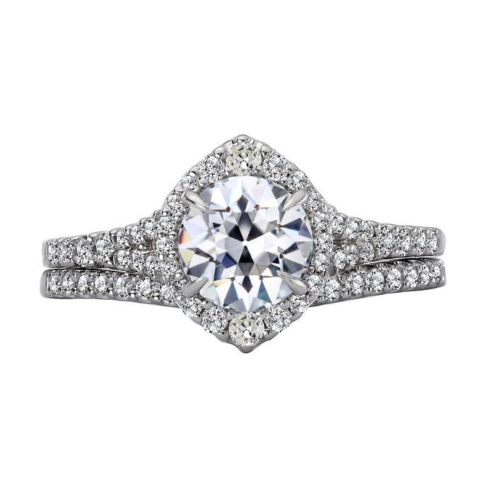 Halo Ehering Set Rund Alter Bergmann Natürlich Diamant Krappen Pave Set 6 Karat
