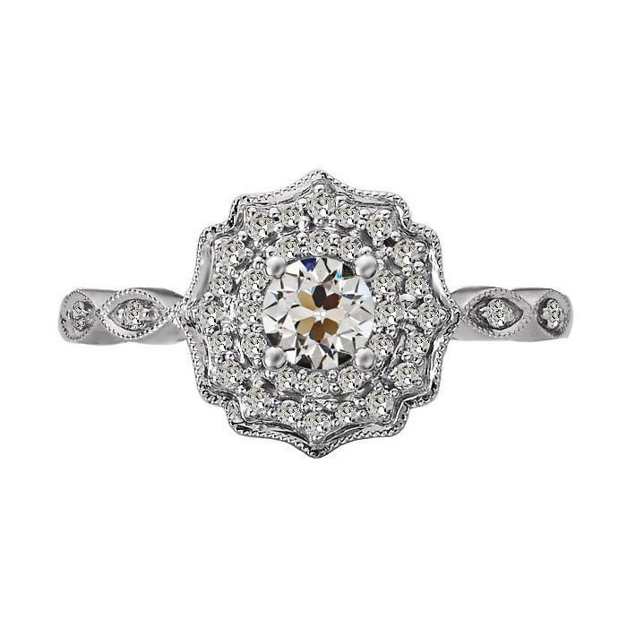 Halo Runder Alter Bergmann Echt Diamantring Blumenstil 14K Gold 3 Karat