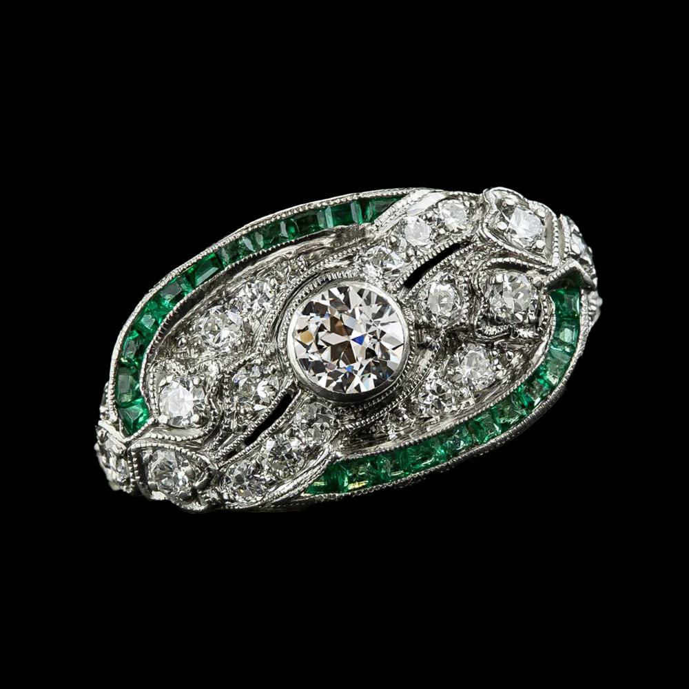 Lünetten-Set Runder Alter Bergmann Echt Diamant Grüner Saphirring 3 Karat