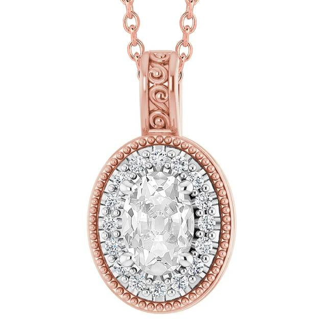Ovaler Halo-Echt Diamant-Anhänger Im Alten Minenschliff 4,50 Karat Zweifarbiges Gold 14K