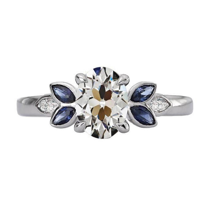 Ovaler Old Cut Natürliche Diamant & Marquise Blue Saphir Ring 6,50 Karat