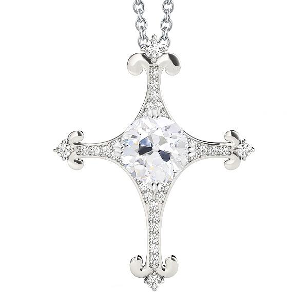 Runder Alter Bergmann Kreuz Echt Diamant Anhänger 2,50 Karat Mit Kette
