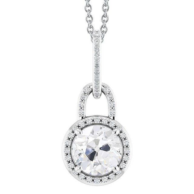 Runder Alter Minenschliff 3 Karat Halo Lock Natürliche Diamant Anhänger Mit Kette Gold