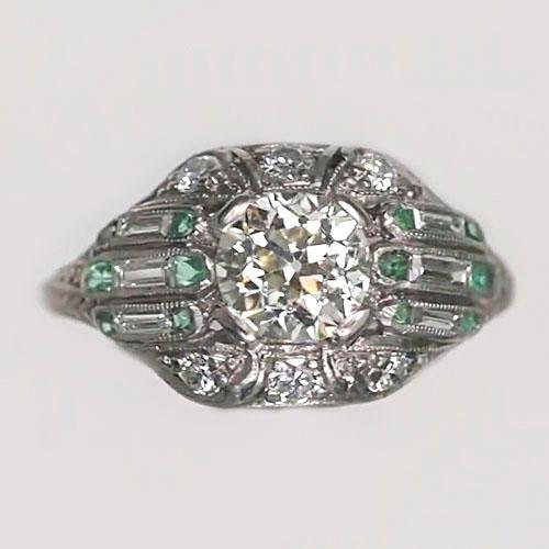 Runder Alter Minenschliff Natürliche Diamantring Baguette & Grüner Saphir 3,25 Karat