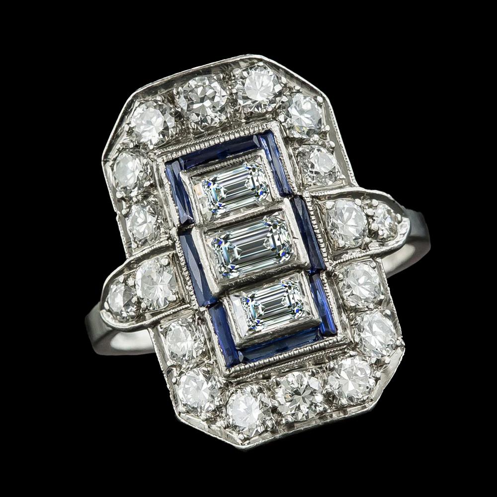Smaragd Alter Bergmann Natürliche Diamantring Blauer Saphir 3 Steine Stil 6,75 Karat