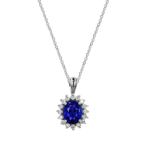 Halo-Anhänger und Kette mit rundem Diamant und ovalem Ceylon-Saphir, 1,50 Karat