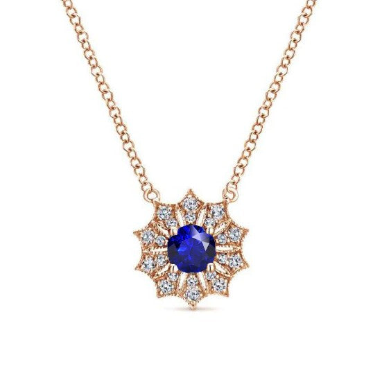 Halskette mit rundem Saphir-Anhänger in Roségold Sternstil 1 Karat