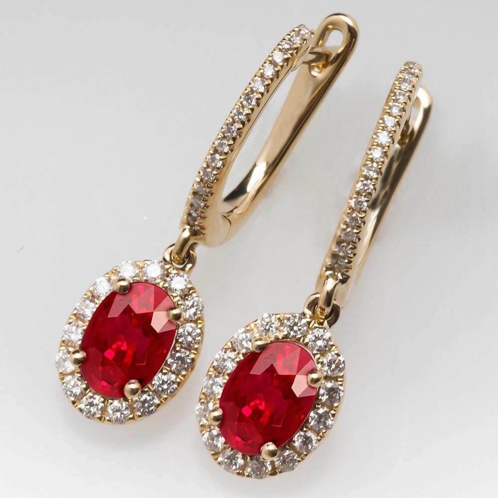Ovaler Rubin & runder Diamant 9.50 Karat Ohrhänger Gelbgold 14K - harrychadent.ch