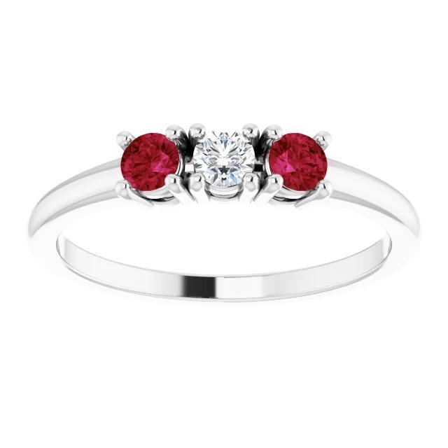 3 Steine Ring runder Diamant Rubin 0,60 Karat Weißgold 14K