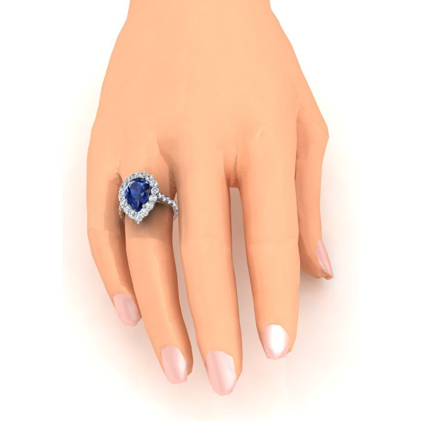 Halo Edelstein Ring Birne Blauer Saphir Gold Damenschmuck 8 Karat