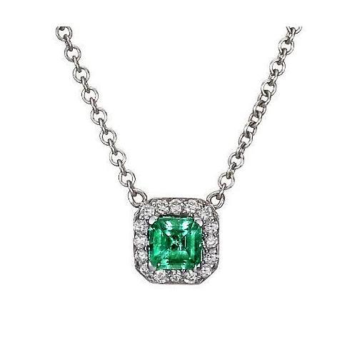 Anhänger Halskette Weißgold 14K 9 Kt Grüner Smaragd Mit Diamanten