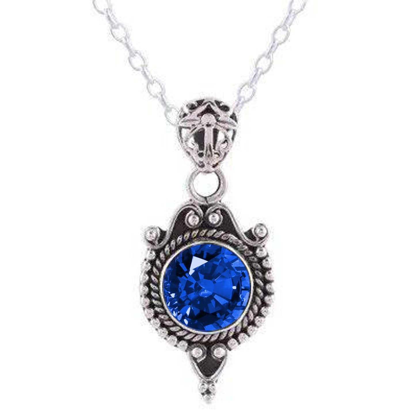 Blauer Saphir Anhänger im antiken Stil 8 Karat Weißgold 14K - harrychadent.ch