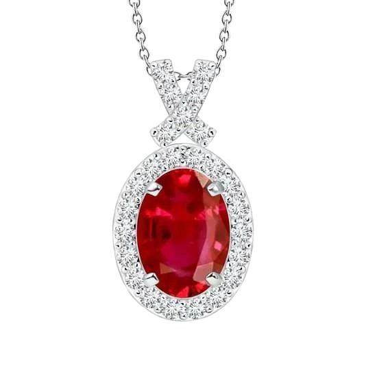 Damen Weißgold 14K Anhänger Halskette 3,80 Karat Rote Rubindiamanten