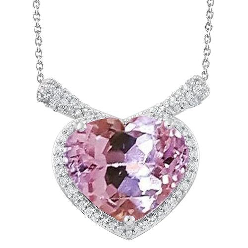 Herzschliff Kunzit mit Diamant Halskette Anhänger Weißgold 14K 32 Ct