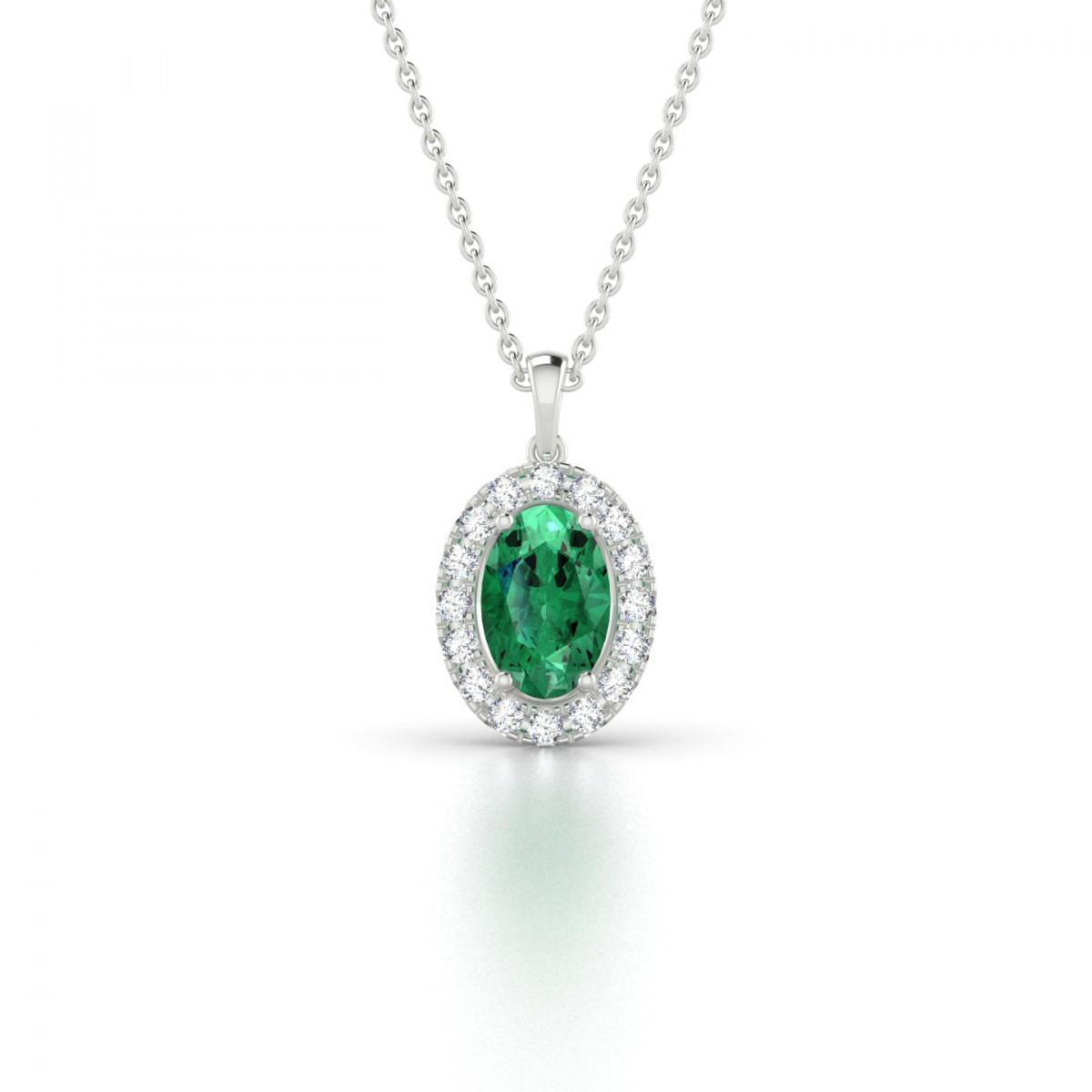 Ovale grüne Smaragd- und Diamant-Edelstein-Anhänger-Halskette 4.55 Karat
