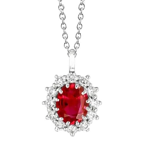 Runder Diamant- und Ovaler Rubin-Halsketten-Anhänger 3.50 Karat WG 14K