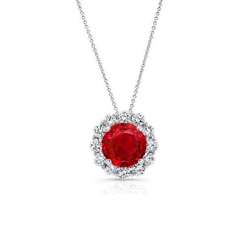 Rundschliff Roter Rubin Diamant Halskette Anhänger 2,25 Karat Weißgold 14K