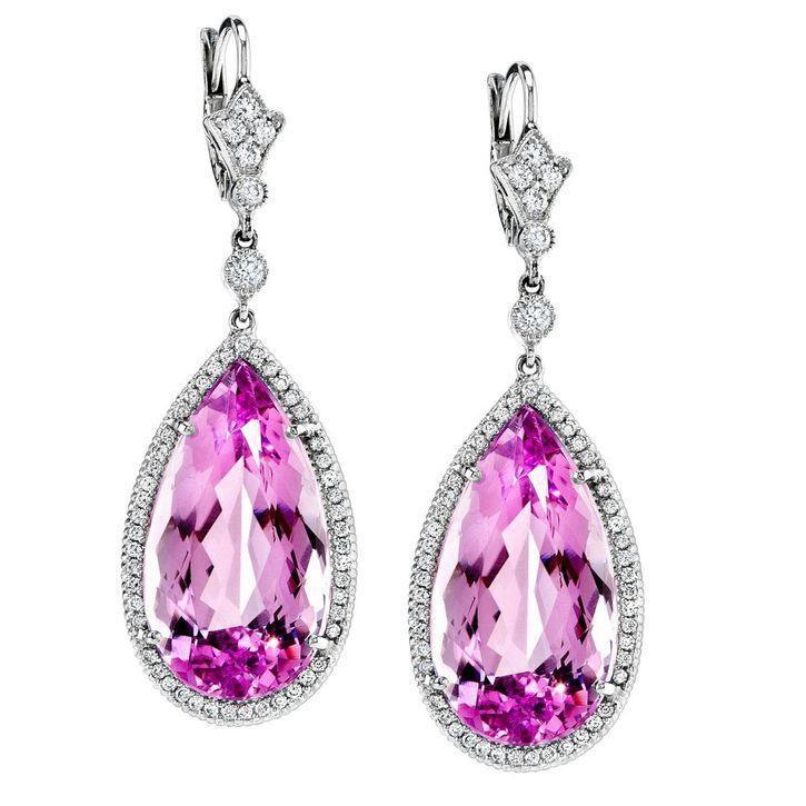 Ohrhänger aus rosafarbenem Kunzit und Diamant im Birnenschliff 51 Karat Gold 14K - harrychadent.ch