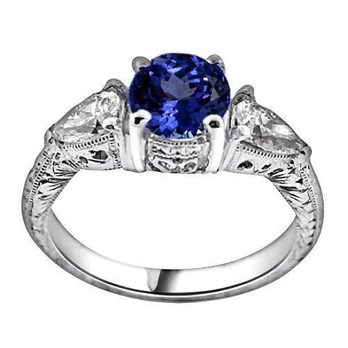 3.50 Karat Ring runder Tansanit und Trillion Diamanten 3-Stein-Schmuck