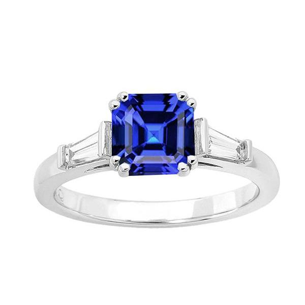 Asscher Saphir-Ring aus Gold mit drei Steinen 2.50 Karat Baguette-Diamanten - harrychadent.ch