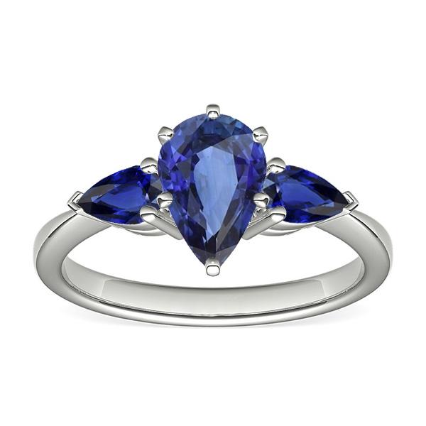 Birnenblauer Saphirring mit drei Steinen 2 Karat Weißgold 14K - harrychadent.ch