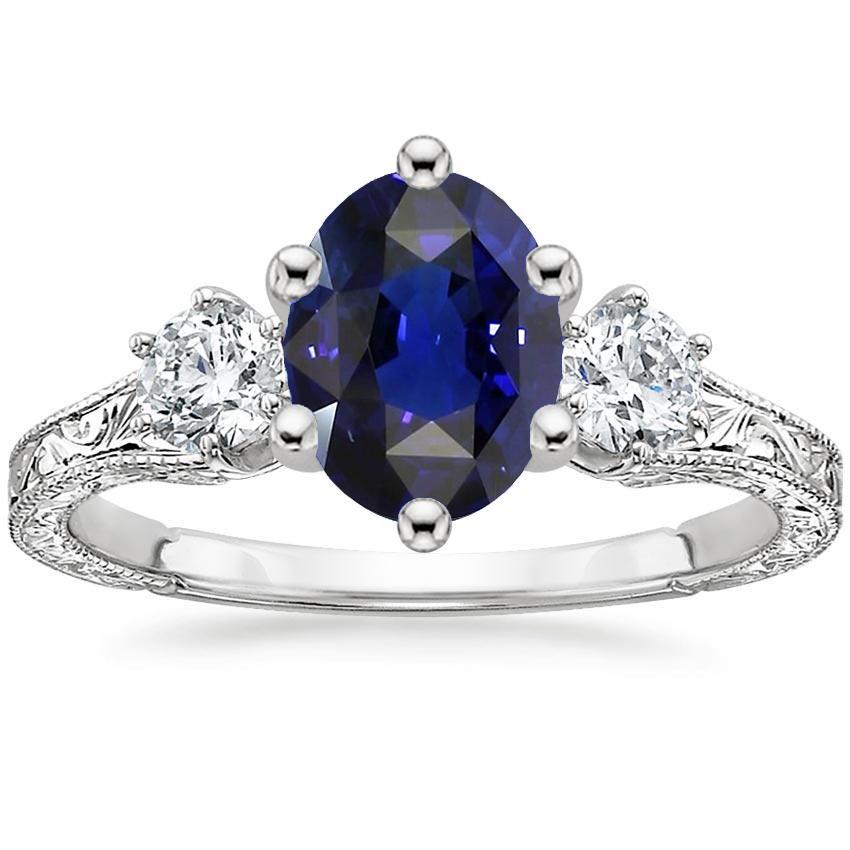 Blauer Saphir 3 Steine Ring & Diamanten 2,50 Karat Antiker Stil - harrychadent.ch