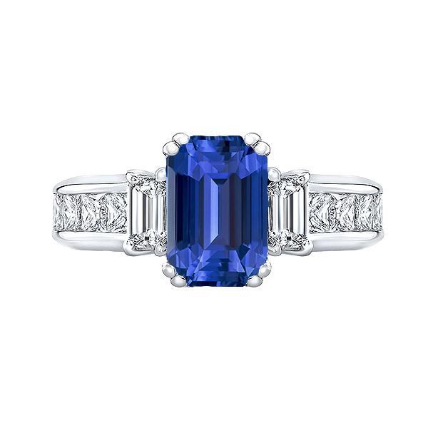 Blauer Saphir Ring mit 3 Steinen im Smaragdschliff & Prinzessinnendiamanten 4 Karat - harrychadent.ch