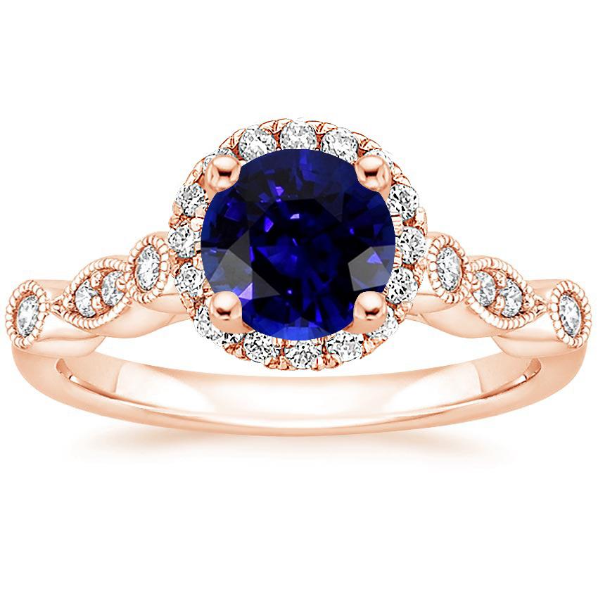 Damenring runder blauer Saphir & Diamanten 4 Karat Milgrain Roségold - harrychadent.ch