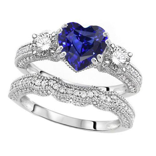 Diamant Ehering Set Herz Blauer Saphir Antiker Stil 3,50 Karat - harrychadent.ch