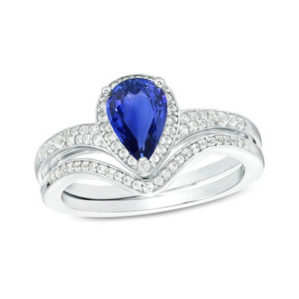 Diamant-Verlobungsring-Set Birne Ceylon Saphir 2,75 Karat - harrychadent.ch