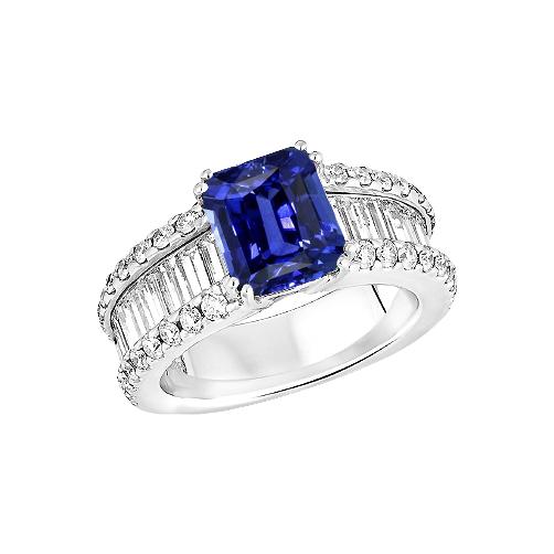 Diamantring Blauer Strahlender Saphir 3,50 Karat Kanalset Baguettes - harrychadent.ch