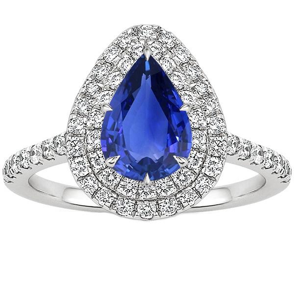 Doppelter Halo Ring Birnenschliff Ceylon Saphir & Diamanten 4,50 Karat