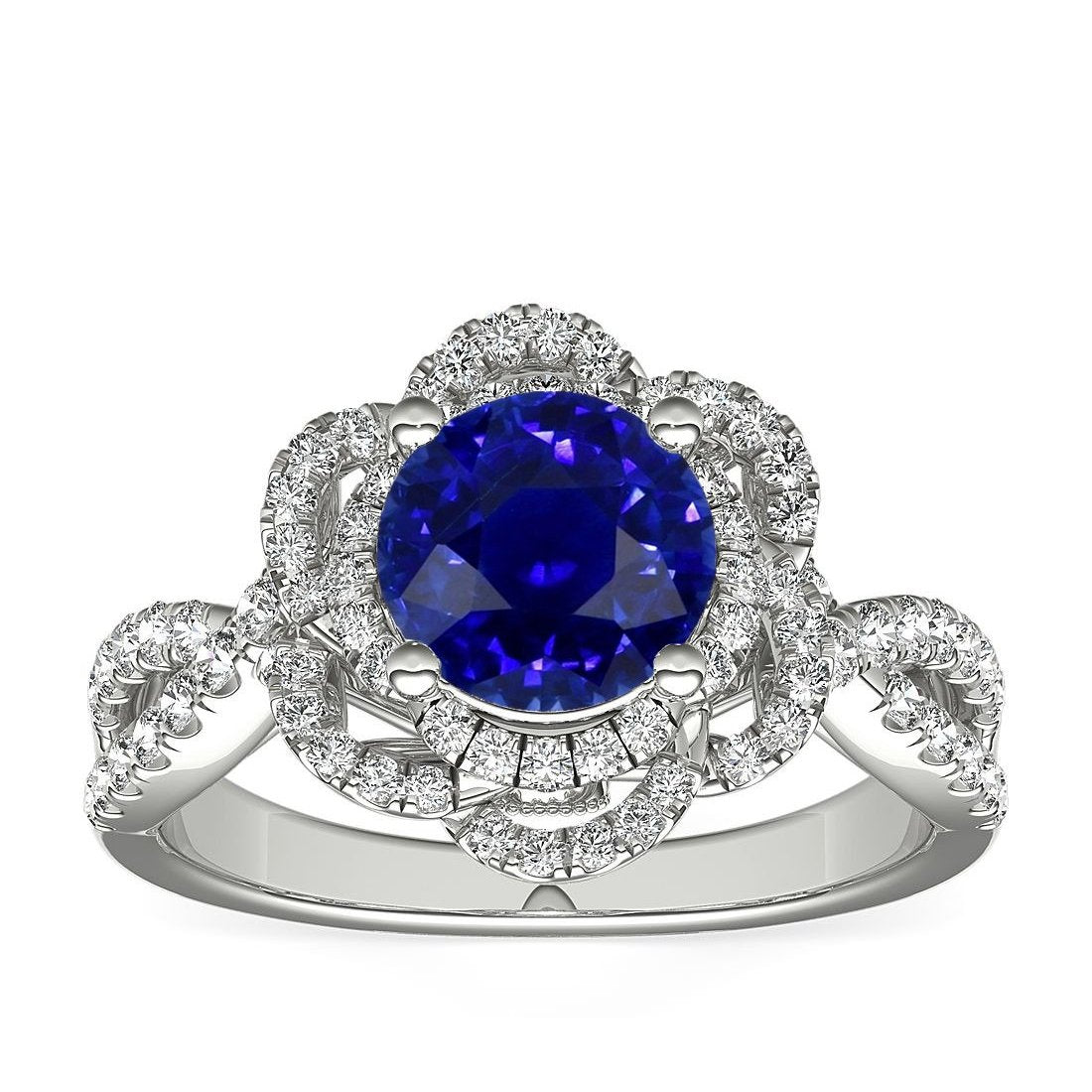 Doppelter Halo runder blauer Saphirring im Blumenstil 5 Karat geteilter Schaft - harrychadent.ch