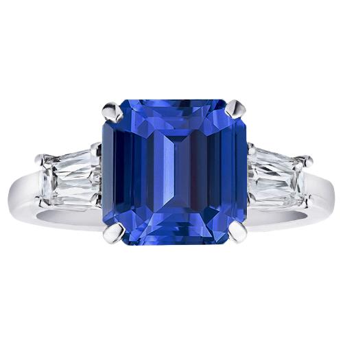 Gold Jubiläumsring 3 Karat Smaragdschliff Blauer Saphir & Baguettes - harrychadent.ch